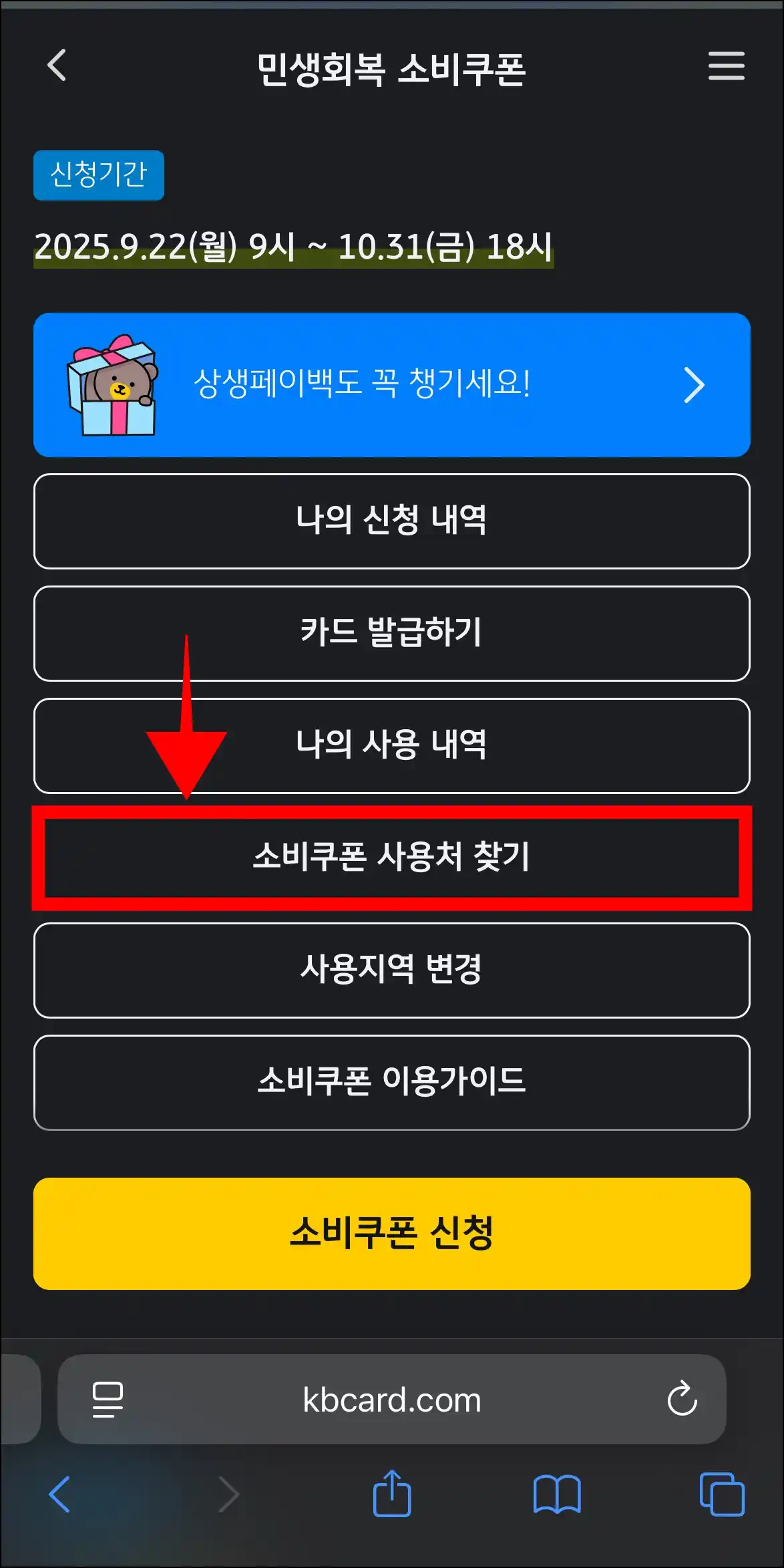 민생회복 소비쿠폰 메뉴 중 '소비쿠폰 사용처 찾기'를 선택