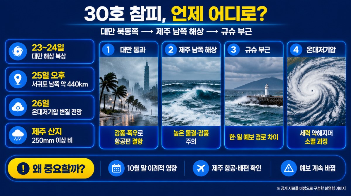 30호 태풍 참피 예상 경로와 제주&middot;남부 영향 인포그래픽 (AI 생성 이미지)