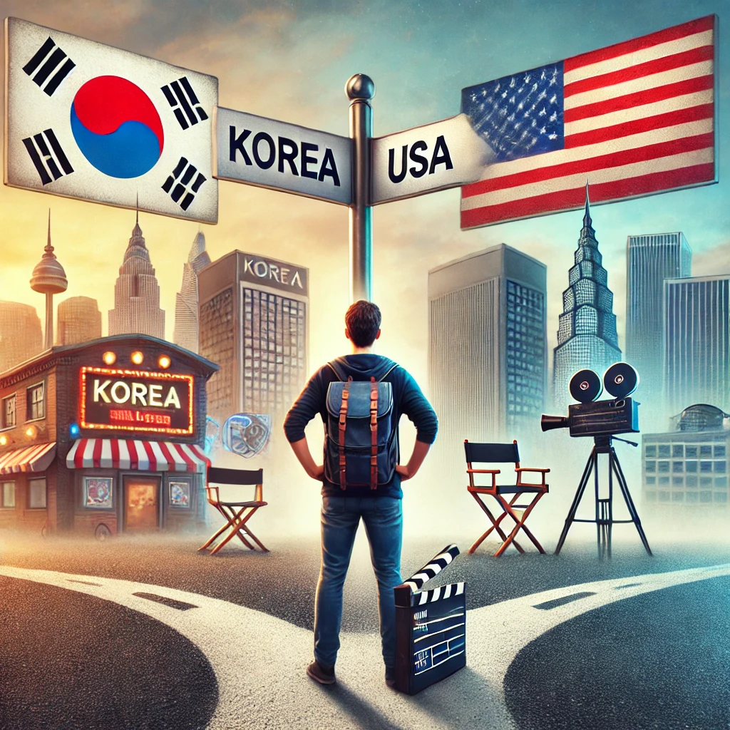 두갈래 길에 서있는 남자 사진인데 왼쪽은 한국 오른쪽은 미국이 적힌 길 사진