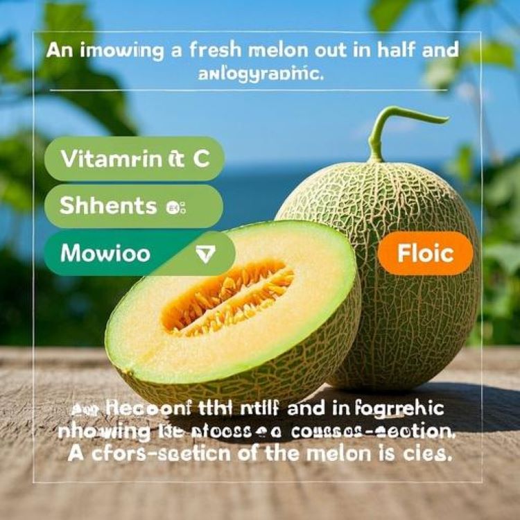 신선한 참외가 반으로 잘린 모습과 함께 영양성분을 나타내는 인포그래픽이 배치된 이미지. 참외의 단면이 선명하게 보이고, 주변에 비타민C, 엽산, 베타카로틴 등의 영양소 아이콘들이 깔끔하게 정리된 건강한 느낌의 라이프스타일 사진. 밝고 청량한 여름 분위기
