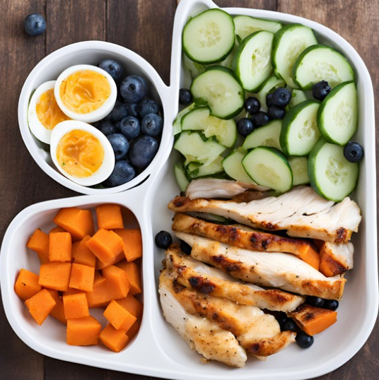 강이지가 먹어도 되는 음식 (닭가슴살, 고구마, 오이, 당근, 블루베리, 사과, 삶은 계란) 담긴 사진이다