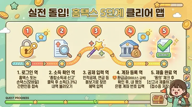 홈택스에서 종합소득세를 신고하는 5단계(로그인→소득확인→공제입력→계좌등록→제출완료)를 로드맵 형태로 정리한 인포그래픽 이미지. 이 이미지는 홈택스 종합소득세 신고 방법의 전체 흐름을 단계별로 한눈에 파악할 수 있는 정보를 시각적으로 전달하며, 블로그의 홈택스 종합소득세 신고 따라하기와 관련된 내용을 설명함