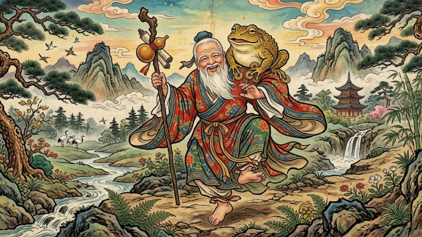 신선과 함께 등장하는 신비로운 세 발 달린 두꺼비 민화