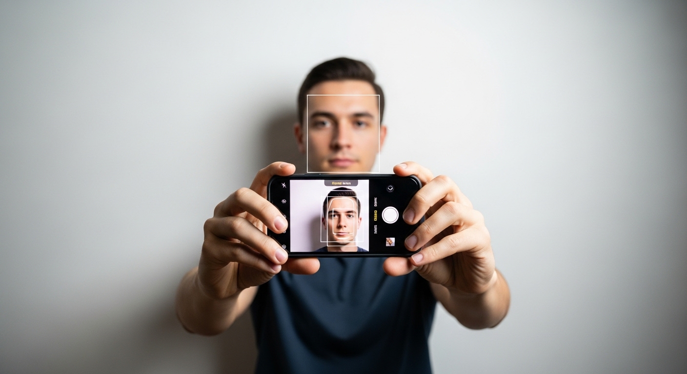 스마트폰을 들고 흰색 배경 앞에서 여권사진을 정면으로 셀프 촬영하는 남성