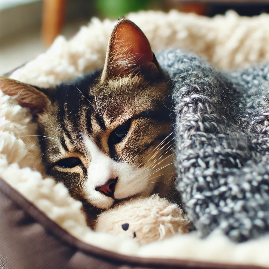 고양이가 담요에 쌓여 있습니다