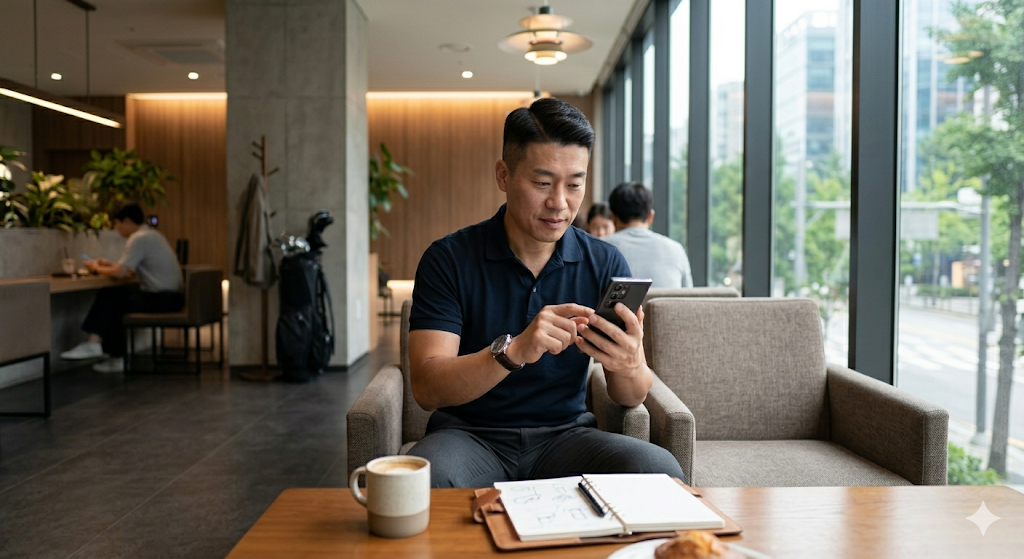A middle-aged Korean golfer comparing membership plans and golf practice facilities on a smartphone while sitting in a modern cafe. Practical decision-making atmosphere, realistic photo, natural lighting, clean composition, professional lifestyle photography, high-resolution detail, no text, no logos, no watermarks