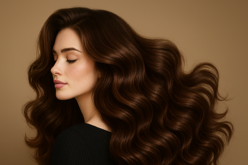 풍성하고 탄력 있는 웨이브 헤어스타일을 가진 여성의 옆모습, 건강한 모발과 두피를 강조하는 고해상도 이미지