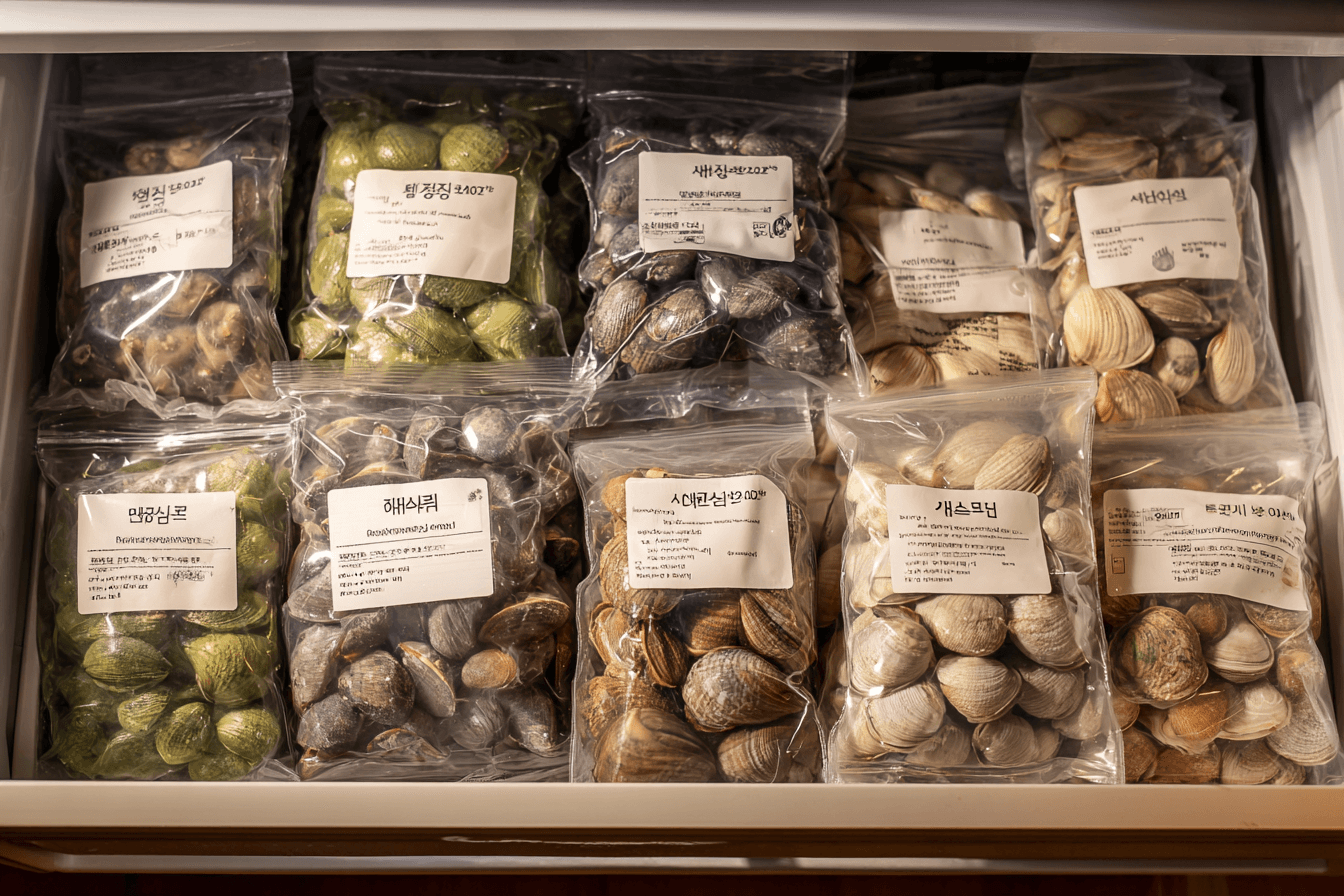 지퍼팩에-여러종류의-바지락들이-담겨있는-이미지