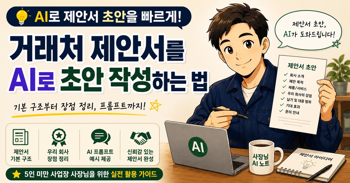 작은 사업장 사장님이 AI를 활용해 거래처 제안서의 기본 구조와 회사 장점을 정리해 초안을 작성하는 방법을 보여주는 썸네일