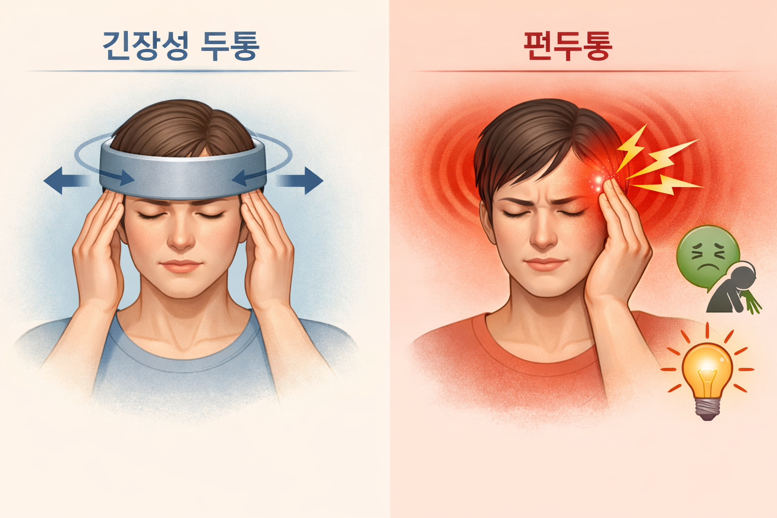 긴장성 두통과 편두통 비교 - 양쪽 조임 vs 한쪽 욱신
