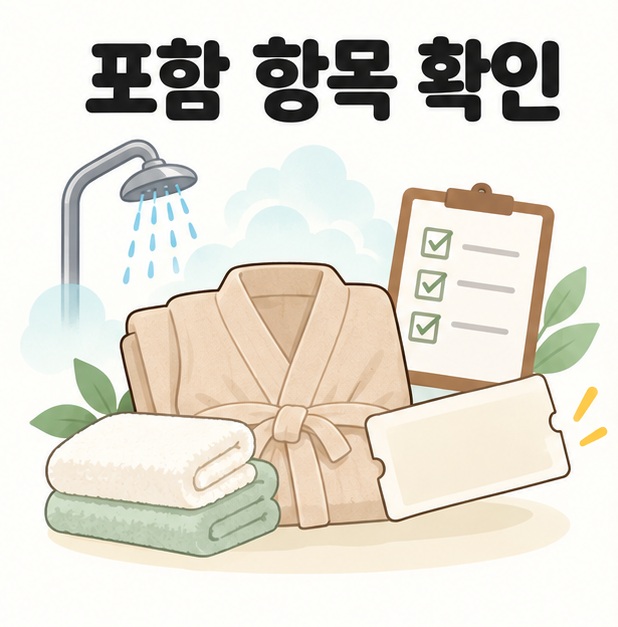 찜질복과 수건, 샤워 및 이용권의 포함 항목을 확인하는 그림