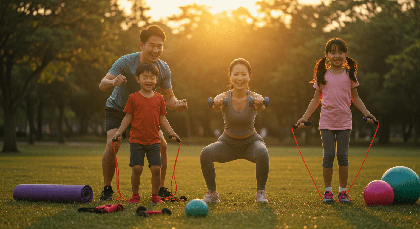 가족이 스포츠 활동을 함께 즐기며 건강한 생활을 다짐하는 장면 2