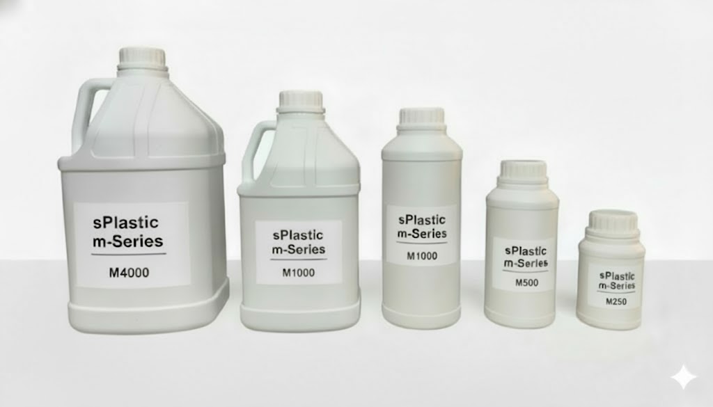 삼양플라스틱 m-Series HDPE 용기 5종(M4000, M2000, M1000, M500, M250) 전체 라인업. 통일된 디자인과 HDPE의 견고함이 돋보이는 전문가용 플라스틱 용기. (글의 도입부에서 M-시리즈 전체 라인업을 보여주며, '패밀리룩'의 통일성과 전문성을 강조합니다. 이미지 라벨과 별개로 실제 제품군을 정확히 설명합니다.)