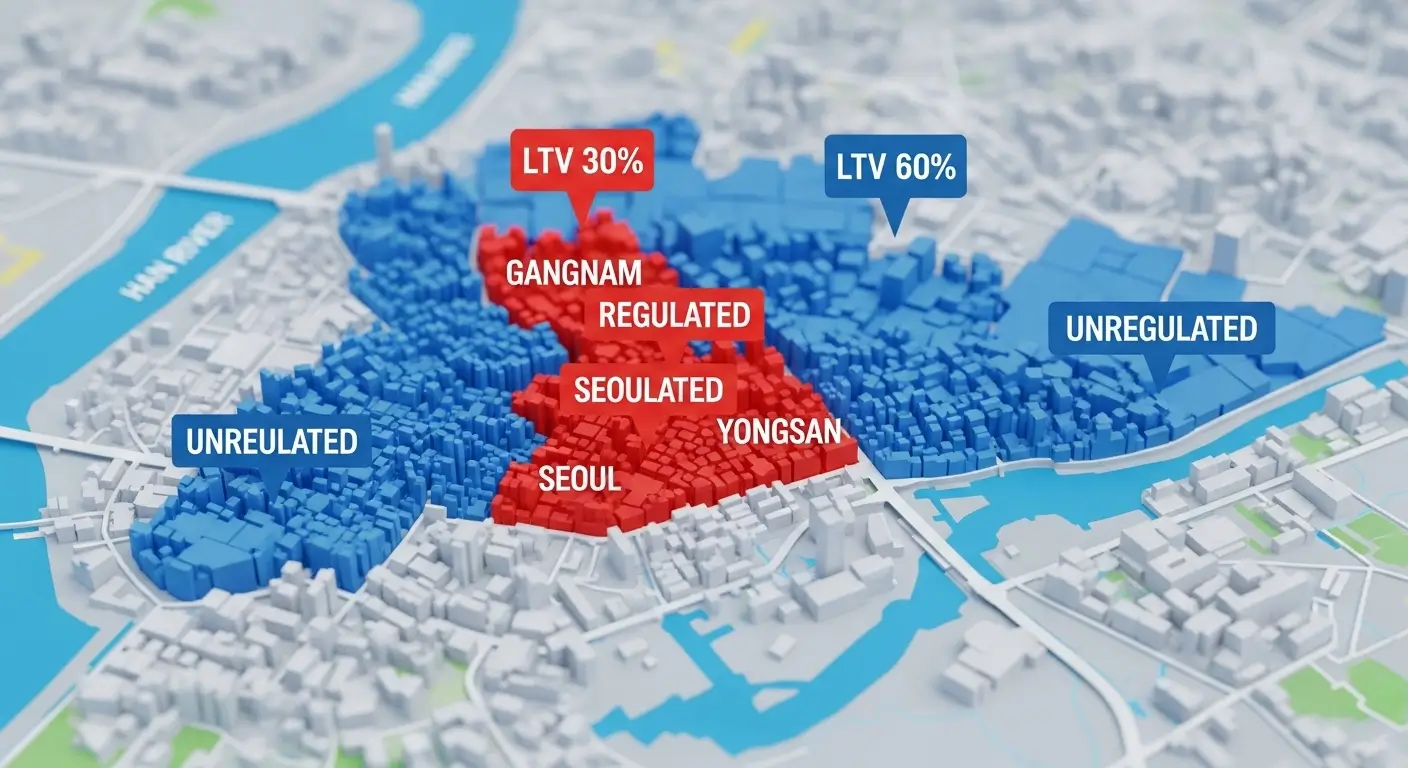서울 지도에서 강남 3구와 용산구만 붉은색 규제지역으로 표시되고 나머지는 파란색으로 표시된 이미지