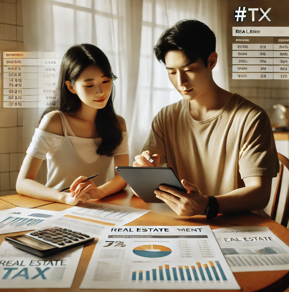 부동산 세금 서류를 검토하는 부부의 집중된 모습