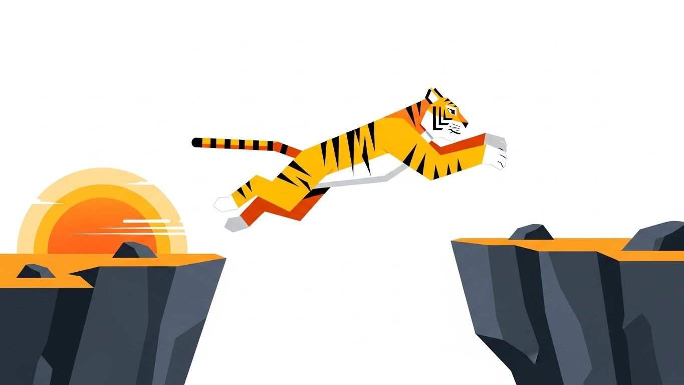 절벽 사이를 과감하게 뛰어넘으며 도약하는 용감한 호랑이 캐릭터 일러스트