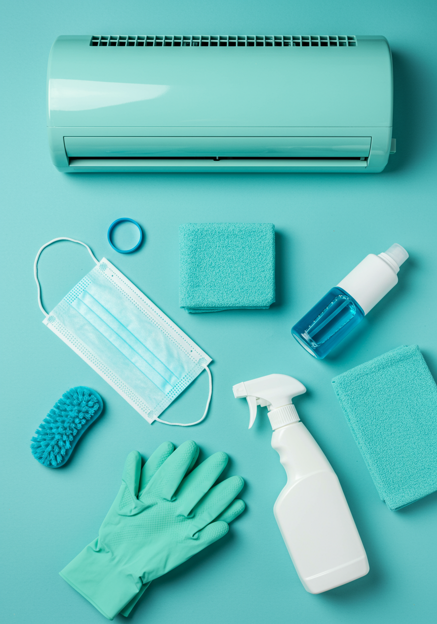 에어컨 청소를 위한 청소도구와 에어컨 사진 이미지