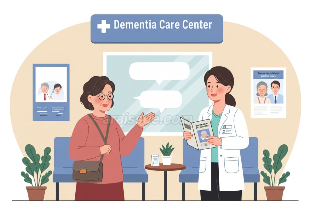 치매안심센터에서 지원 프로그램을 설명받는 한국 중년 여성. 무료 건강검진과 치료비 지원 프로그램에 대해 안내받는 장면입니다.