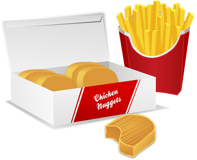 흰색 박스에 담긴 치킨 너겟과 빨간색 종이봉투에 담긴 노란색 감자튀김 세트 일러스트.