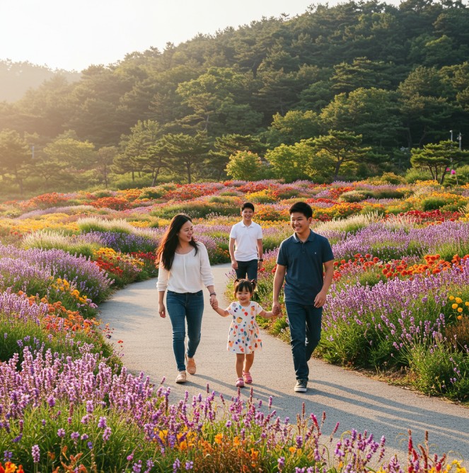 산책을 하고 있는 가족의 모습 이미지