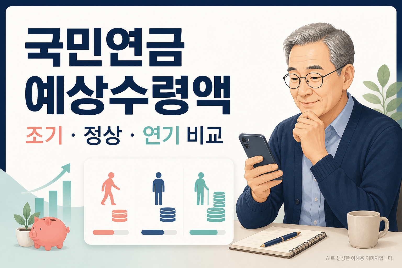 국민연금 예상수령액과 조기 정상 연기 수령을 비교하는 관련 글 포스터