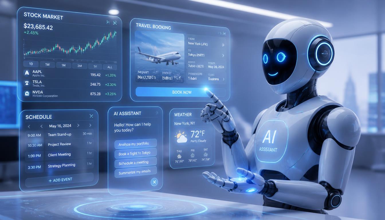 Illustration showing AI agents working across various industries like healthcare, finance, and logistics.