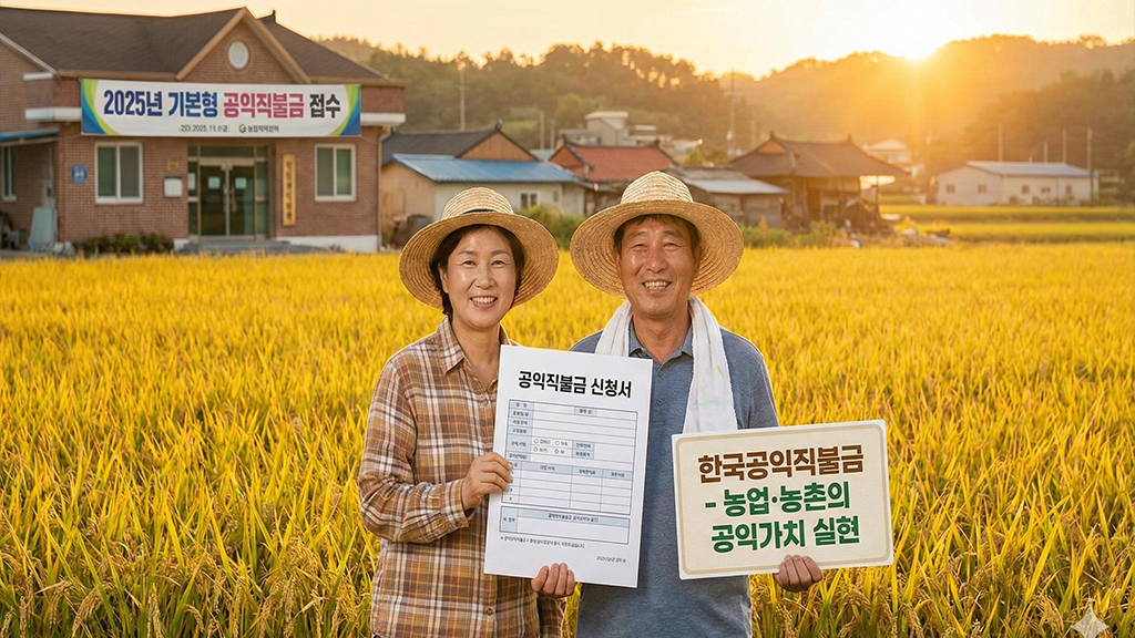 농민부부가 공익직불금 피켓을 들고 서있는 장면