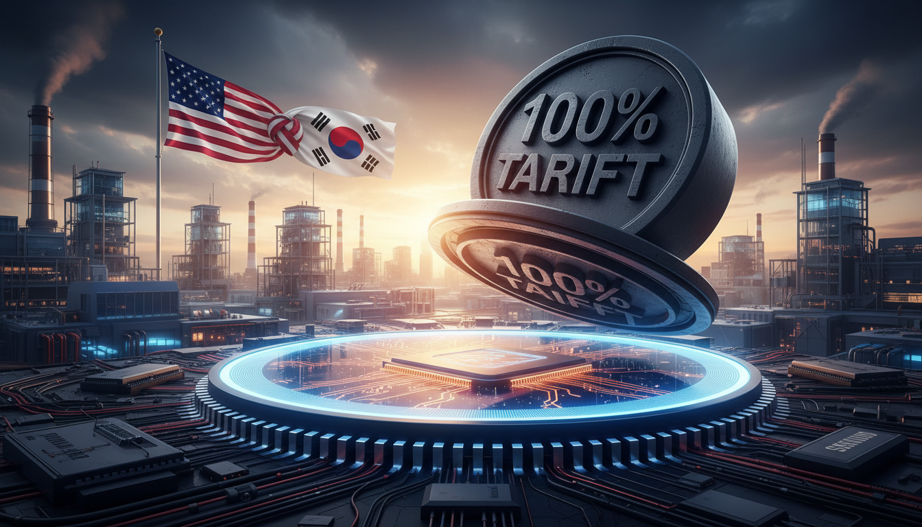 삼성전자와 SK하이닉스에 대한 미국의 100% 반도체 관세 위협과 협상을 상징하는 이미지