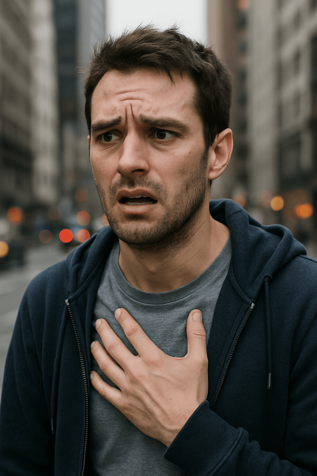 불안한 표정의 젊은 남성이 도심 한복판에서 공황 증상을 겪고 있는 장면(출처**자체제작)