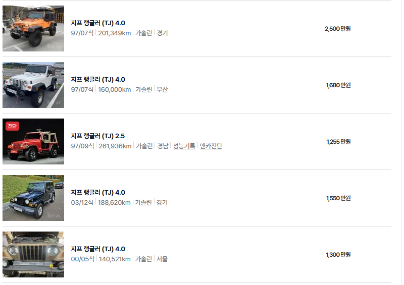 지프 랭글러 중고차 가격 시세표 유지비