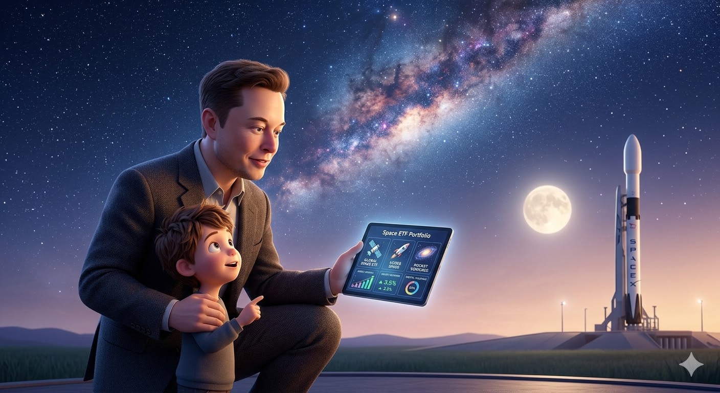 아빠가 자녀와 함께 밤하늘의 별을 보며 태블릿으로 우주 ETF 포트폴리오를 확인하고 있고, 그 뒤로 스페이스X의 로켓이 은은하게 달빛을 받으며 서 있는 따뜻한 3D 일러스트
