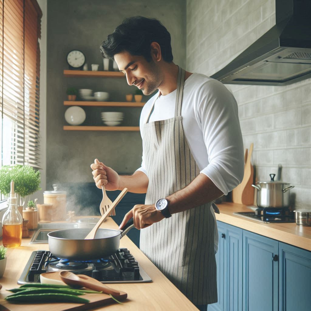 청결한 주방에서 요리하는 모습