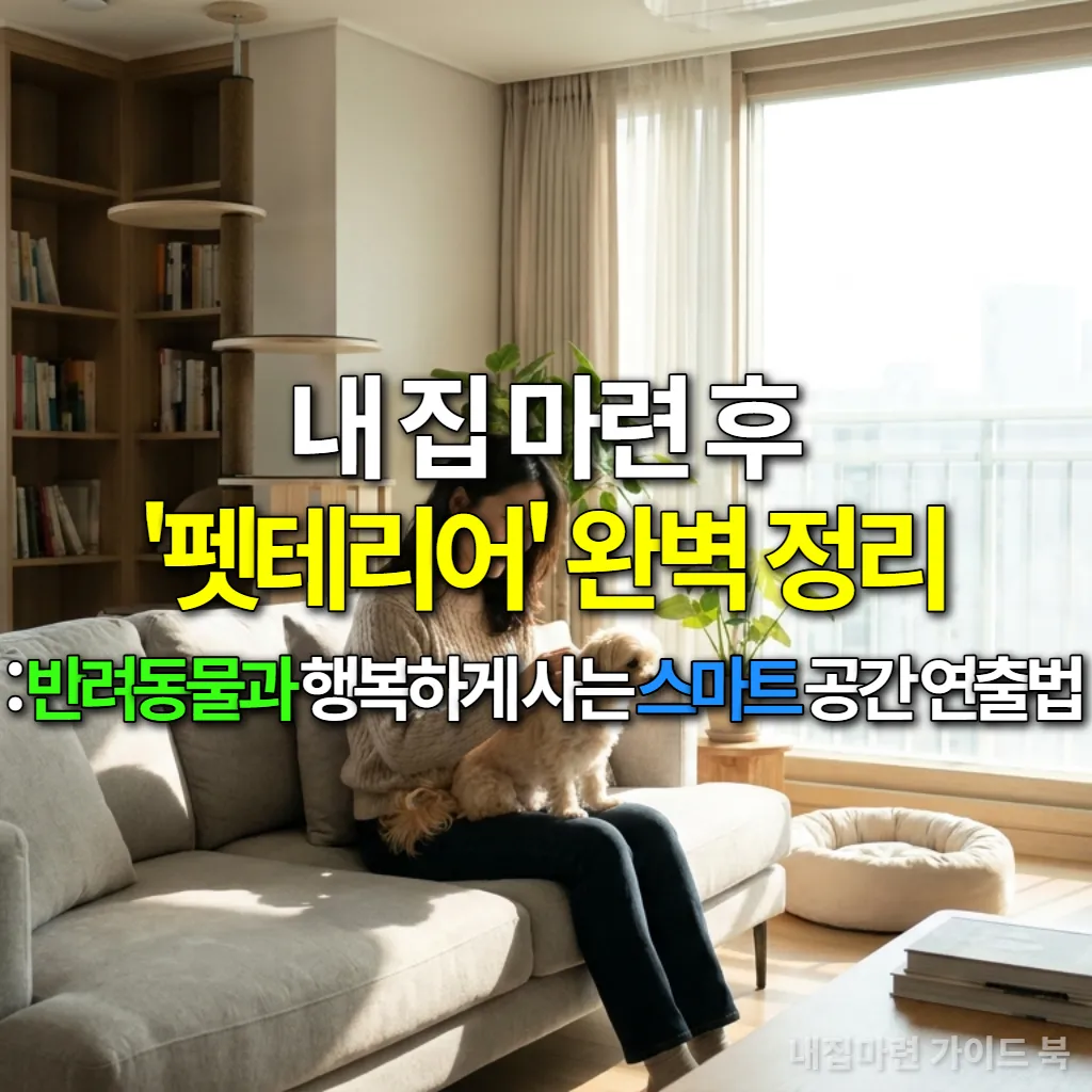 현대적인 한국 아파트 거실에서 반려동물과 함께 행복하게 쉬고 있는 여성