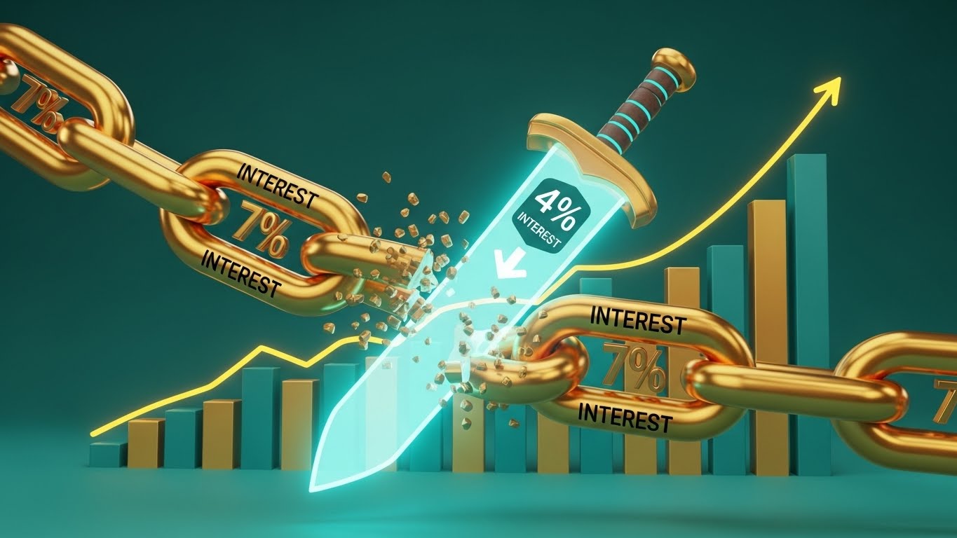 고금리 대출의 부담을 끊어내고 저금리 대환대출로 전환하는 금융 솔루션 시각화 그래픽