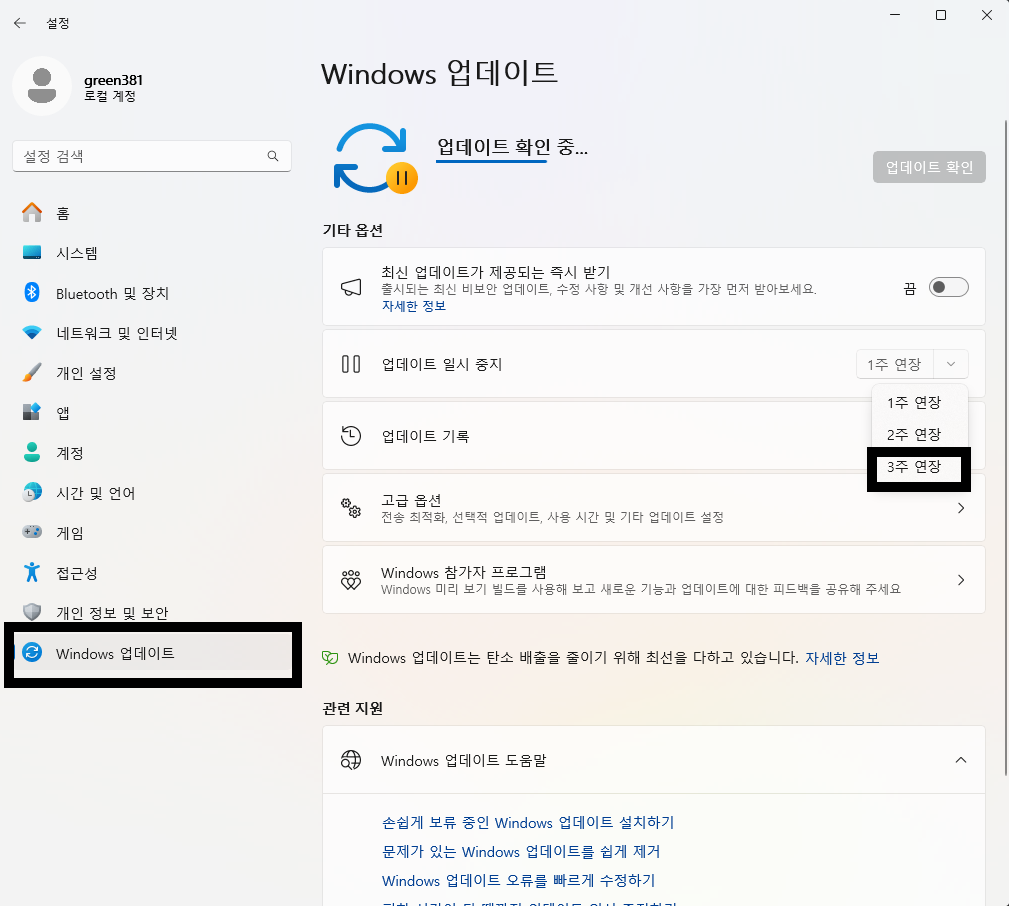 윈도우11 업데이트 일시중지 화면