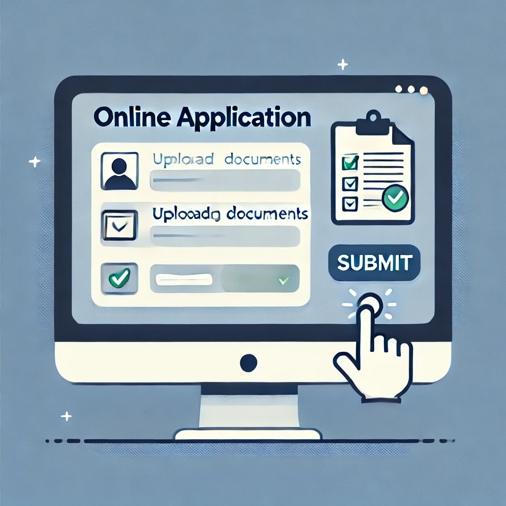 온라인 신청 과정을 나타내는 이미지, 컴퓨터 화면에 신청서 양식과 문서 업로드, 제출 버튼, 확인 체크 표시