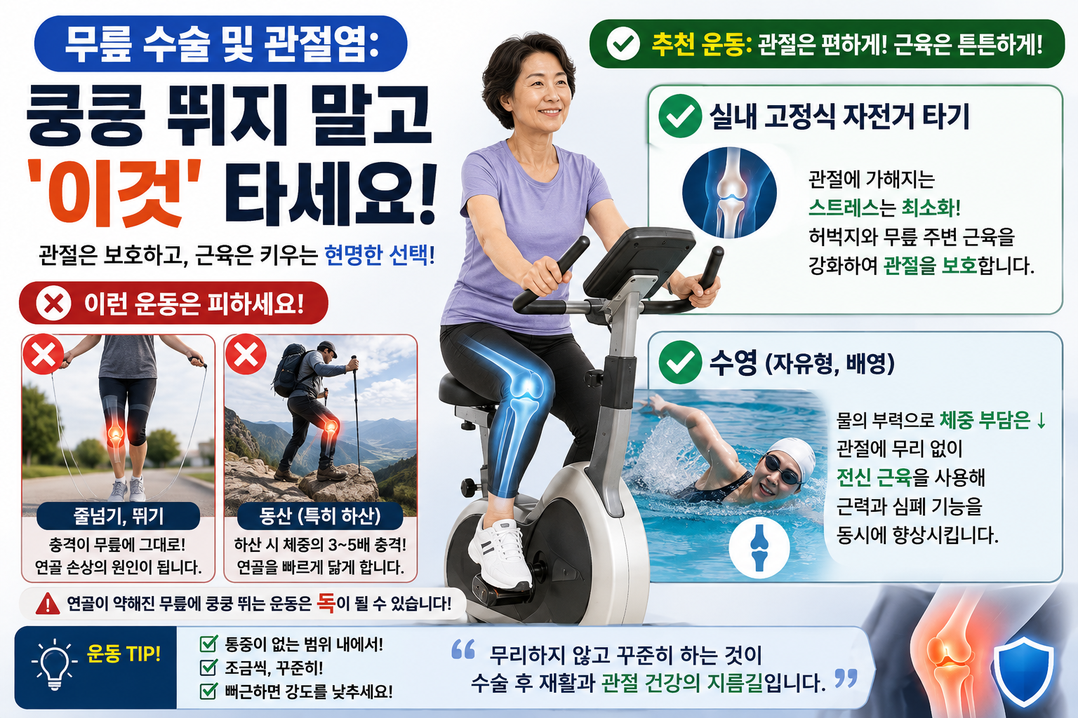무릎 수술 및 관절염: 쿵쿵 뛰지 말고 '이것' 타세요