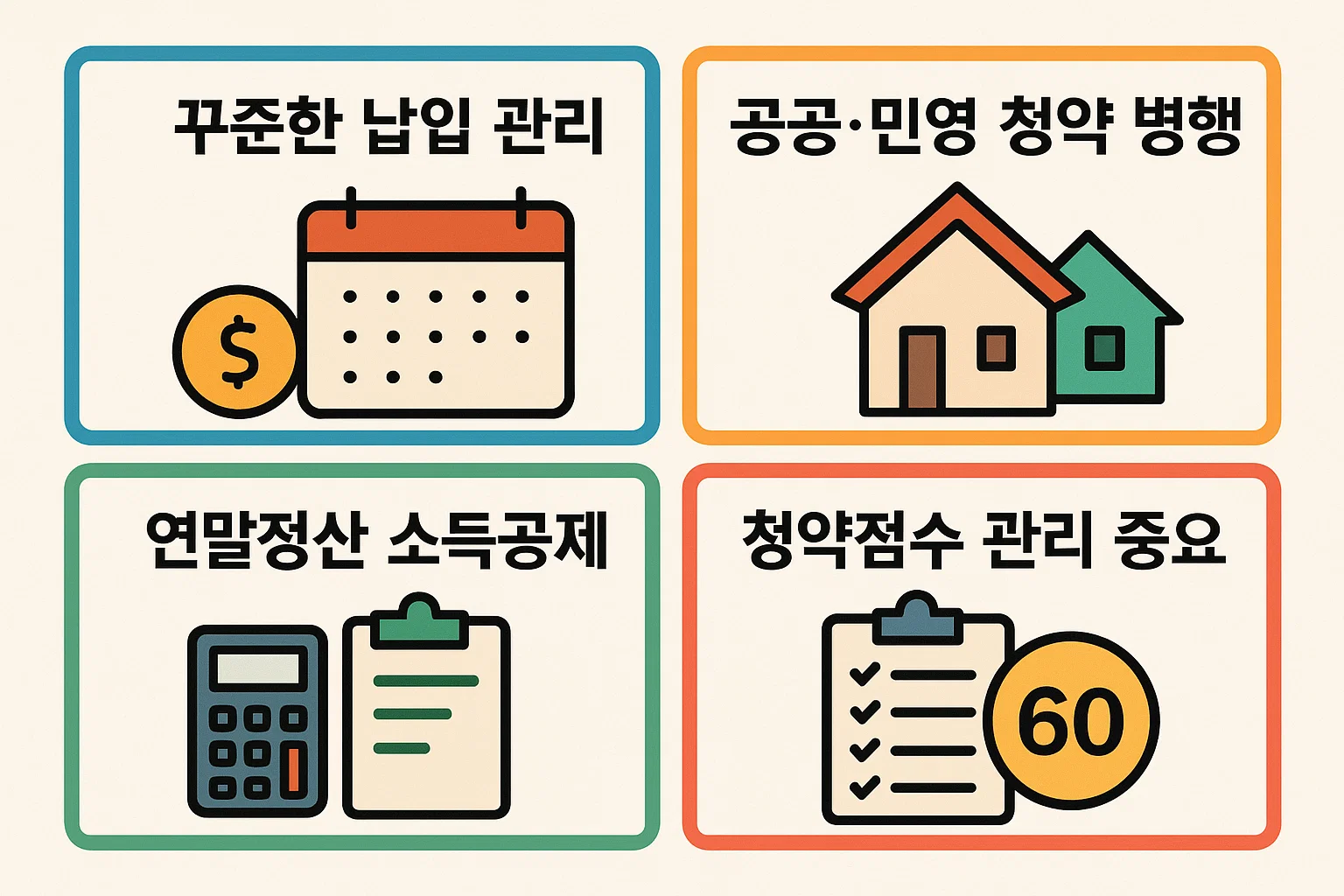 꾸준한 납입 관리, 청약 병행, 소득공제 활용, 청약점수 관리 등 실전 팁을 담은 인포그래픽.