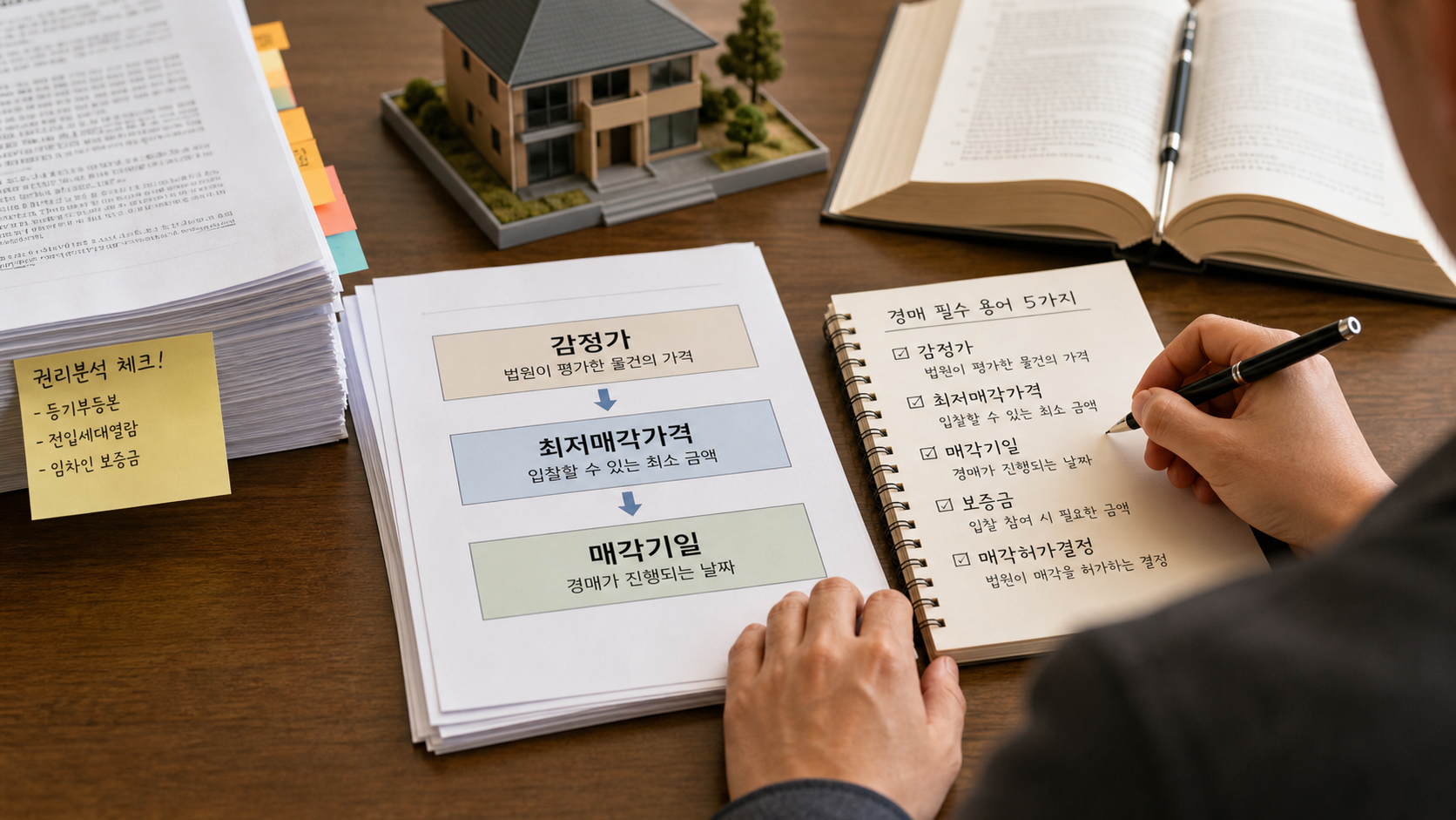 감정가와 최저매각가격를 법원 서류에서 확인하는 모습