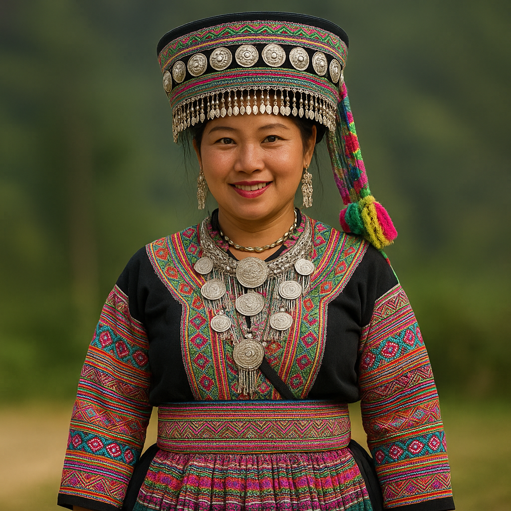 베트남 몽족의 자수 의상과 머리장식