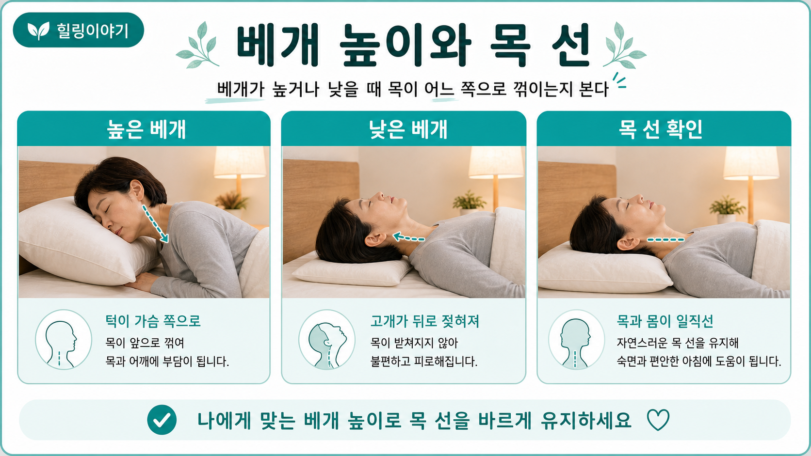 베개 높이 목 통증을 확인하기 위해 높은 베개 낮은 베개와 목 선을 비교한 이미지