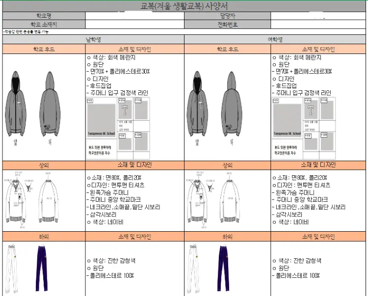 중학교 교복중 겨울 생활복으로 후드집업과 바지와 맨투맨 티셔츠와 소재설명