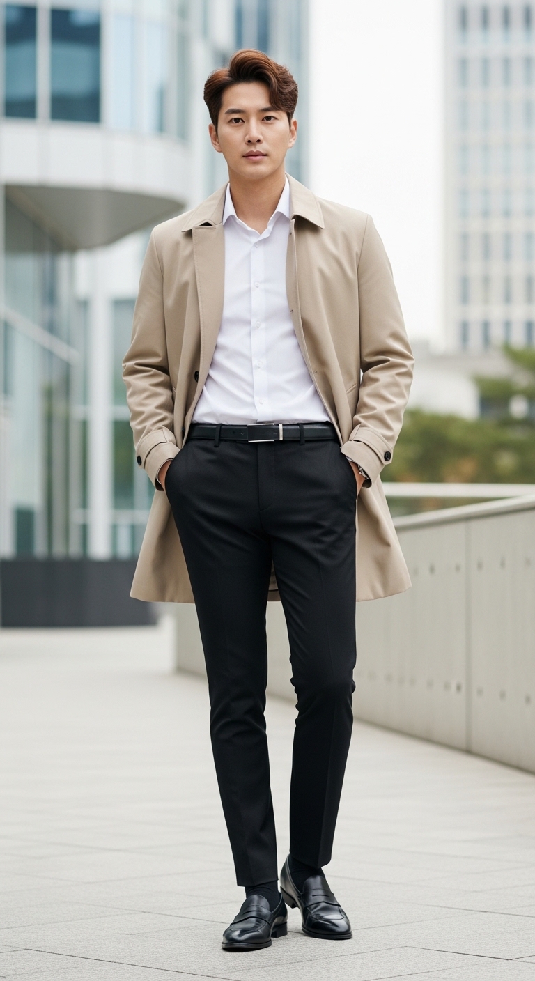 베이지, 화이트, 블랙 컬러로 매치한 세련된 전신 코디 사진