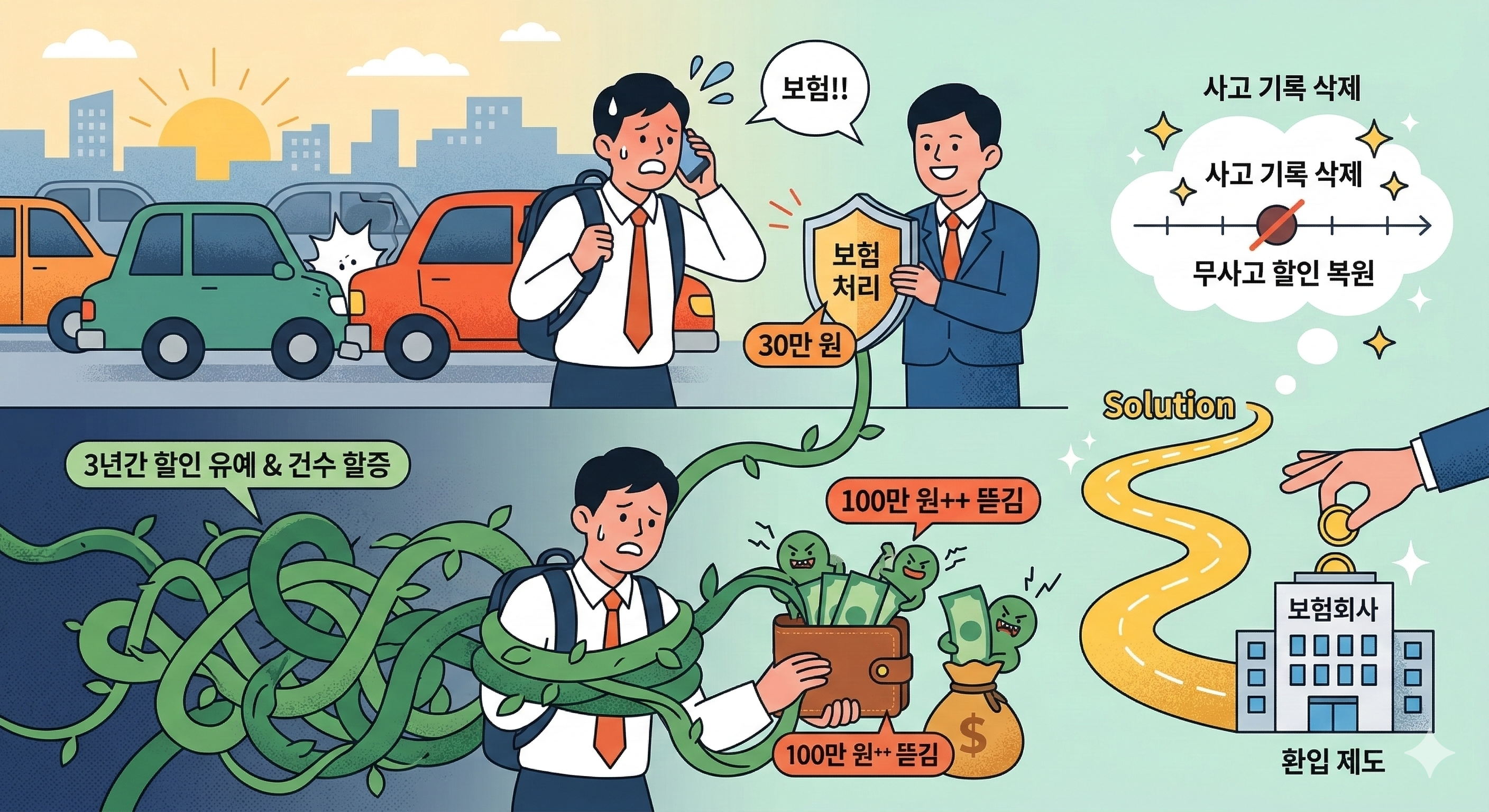상단 (현재의 문제): 꽉 막힌 도시 도로에서 교통사고가 발생한 상황입니다. 당황한 남성이 스마트폰으로 전화를 걸고 있으며, 말풍선에는 '보험!!'이라고 적혀 있습니다. 그 옆의 정장 입은 남성은 '보험 처리'라고 적힌 방패를 들고 미소 짓고 있으며, 방패 옆에 '30만 원'이라는 텍스트가 있어 소액 사고를 보험으로 처리하면 당장은 해결되는 것처럼 보임을 암시합니다.
하단 (미래의 결과): 상단과 연결되는 장면으로, 동일한 남성이 거대한 덩굴에 온몸이 묶여 괴로워하고 있습니다. 덩굴 옆에 '3년간 할인 유예 & 건수 할증'이라는 텍스트가 적혀 있습니다. 남성이 들고 있는 지갑에서 돈이 튀어나오고 있고, 옆에 돈을 탐내는 괴물들이 보입니다. '100만 원++ 뜯김'이라는 텍스트가 두 번 반복되어 장기적으로 100만 원 이상의 추가 비용이 발생함을 묘사합니다.
우측 (해결책: 환입 제도): 노란색 'Solution' 텍스트 아래 '환입 제도'를 설명합니다. 상단 말풍선 안에 '사고 기록 삭제'라는 문구가 세 번 반복되고, 그 아래 '무사고 할인 복원'이라고 적힌 타임라인이 그려져 있습니다. 하단에는 거대한 손이 '보험회사' 건물 입구로 '환입 제도' 문구가 적힌 노란색 길을 따라 동전을 집어넣는 모습이 묘사됩니다.