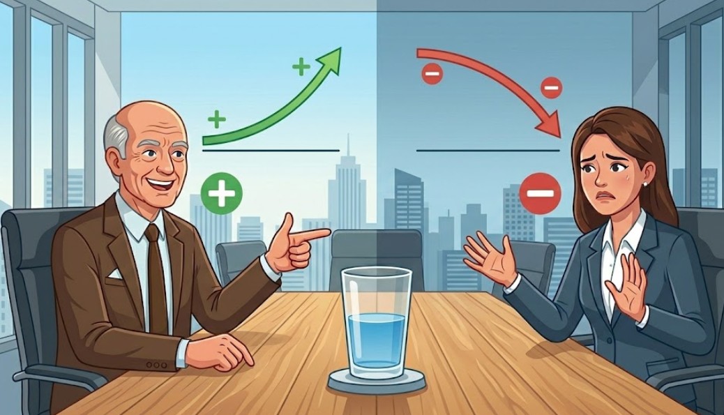회의실 테이블 중앙에 놓인 '물이 반쯤 찬 유리컵'을 두고, 왼쪽의 상사는 상승하는 초록색 화살표와 함께 긍정적인 기회로 해석하며 웃고 있는 반면, 오른쪽의 직원은 하강하는 빨간색 화살표와 함께 부정적인 위기로 해석하며 불안해하는 모습을 대비시켜 프레이밍 효과를 직관적으로 묘사