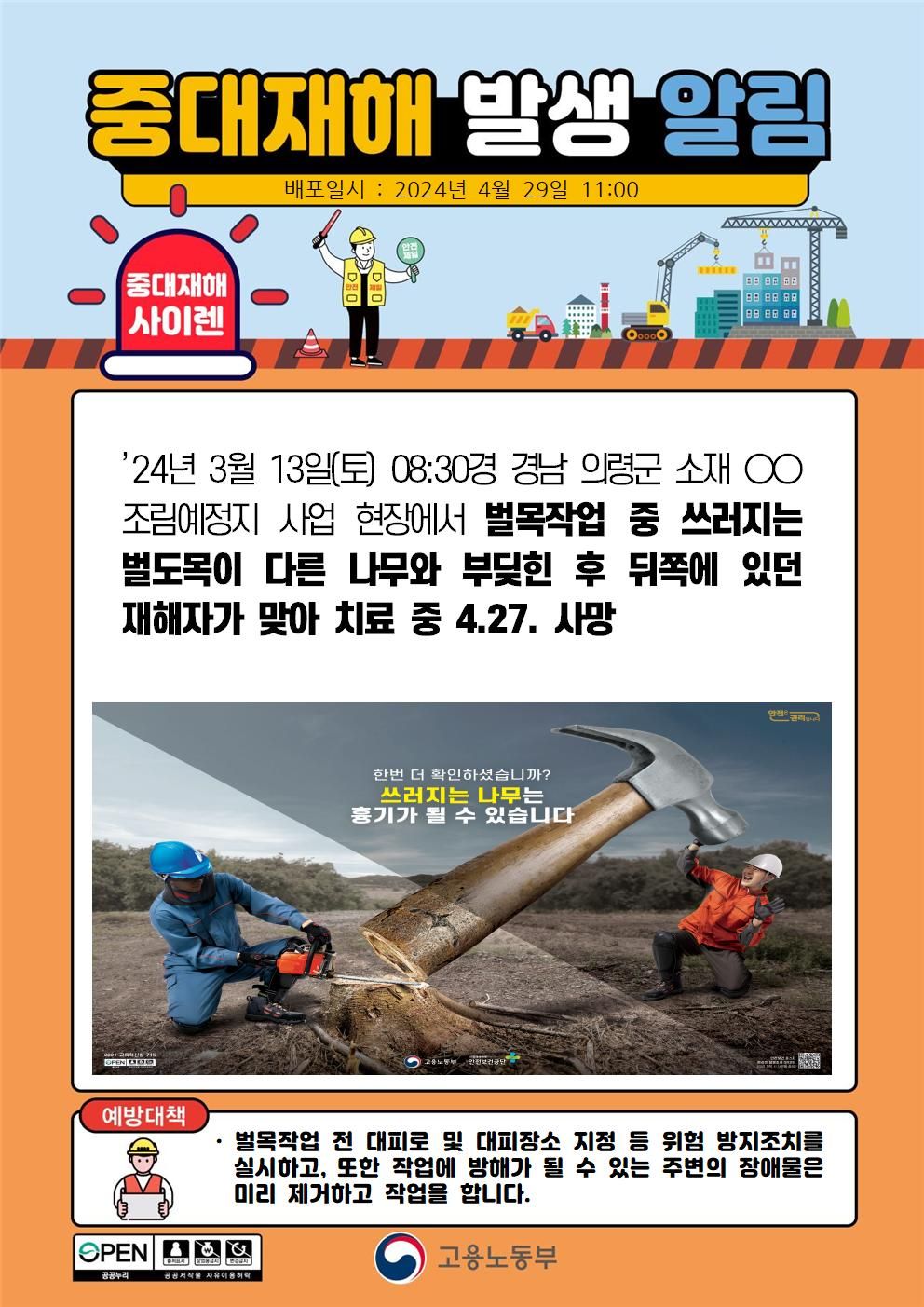 벌목작업 중 쓰러지는 벌도목에 맞음