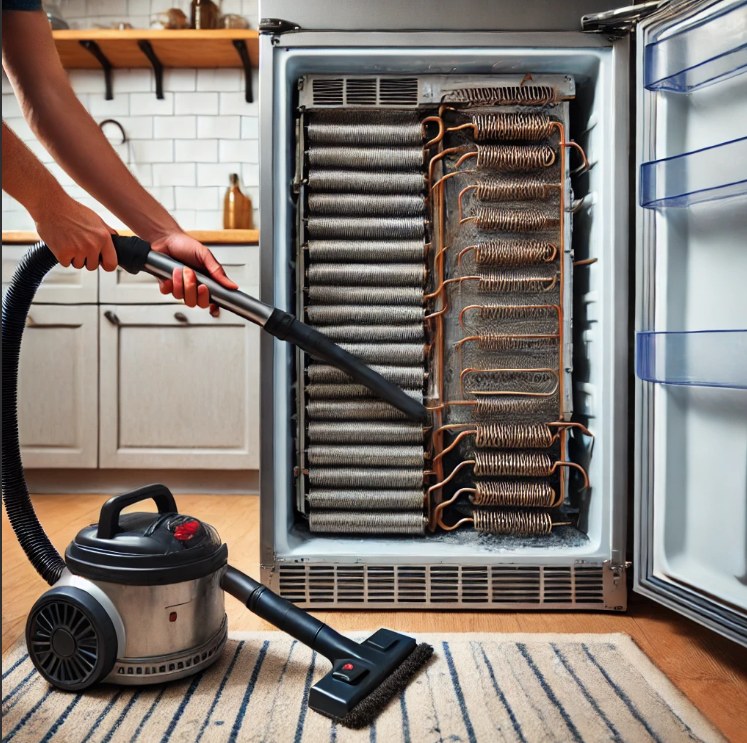 냉장고 뒷면 코일을 청소기로 먼지 제거하는 모습