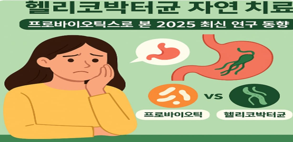 헬리코박터균과 프로바이오틱스를 비교하는 장 그림과 고민하는 여성 일러스트