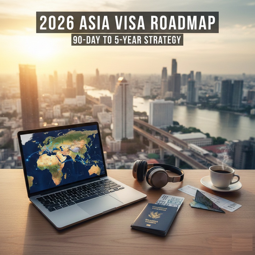창밖으로 아시아 도시의 스카이라인이 보이는 책상 위에 노트북, 여권, 항공권, 커피 한 잔이 놓여 있는 모습. 노트북 화면에는 아시아 지도가 띄워져 있으며, 상단에는 '2026 ASIA VISA ROADMAP'이라는 문구가 적혀 있는 워케이션 테마 이미지.