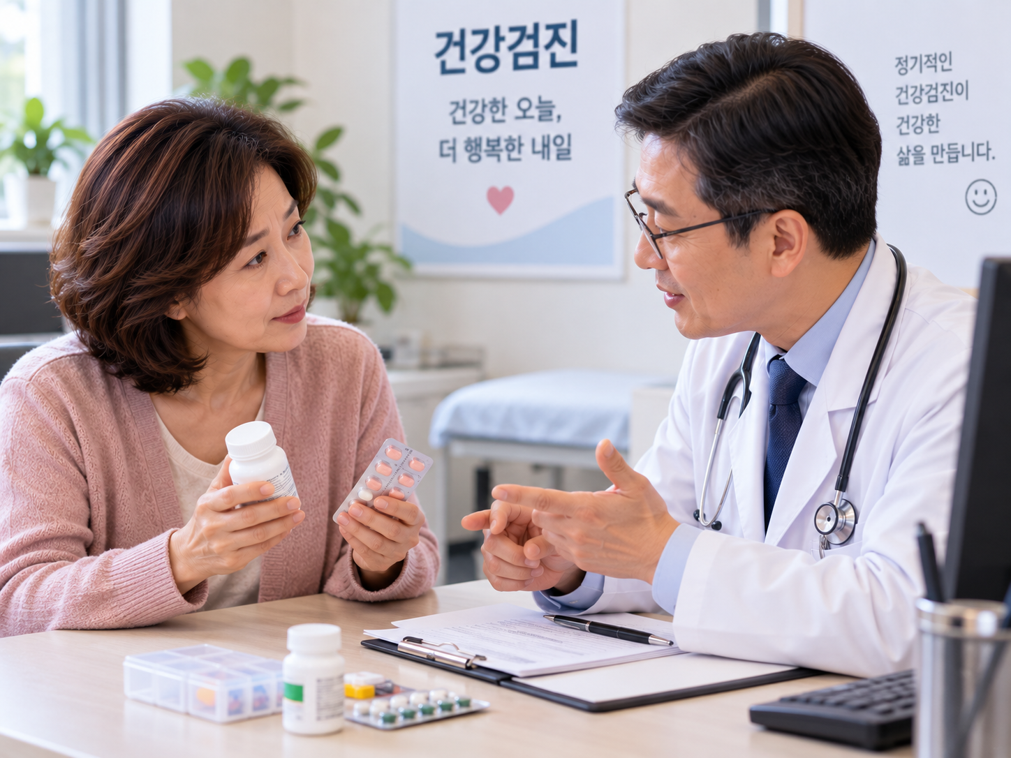 복용약을 들고 의사에게 상담하는 장면